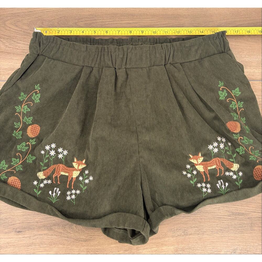 ROMWE Fairycore Green Corduroy Fox Embroidered Shorts Elastic Waist Medium 6 - Picture 11 of 14